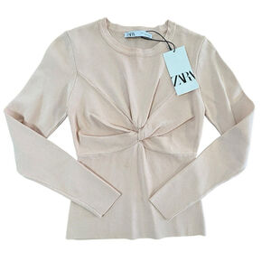 NWT Zara Top Knit Long Sleeve Knotted Front Stretch Pink Sz. M